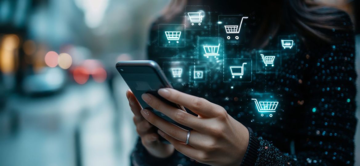 A person interacts with a smartphone displaying digital shopping cart icons, emphasizing online shopping and technology in a modern environment.