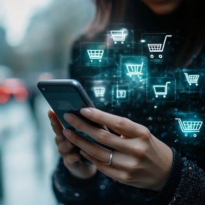 A person interacts with a smartphone displaying digital shopping cart icons, emphasizing online shopping and technology in a modern environment.